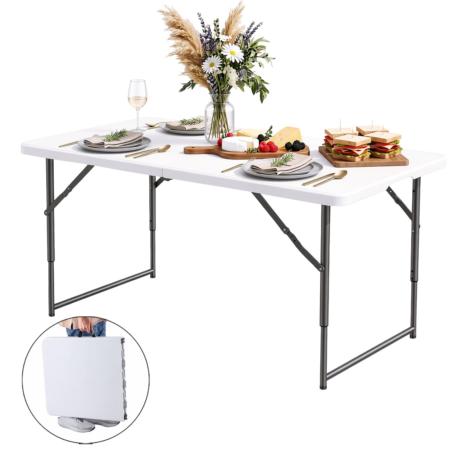 Gardeon 123cm Folding Table Portable Fold-in-Half with Handle Camping Picnic Adjustable Height Awezingly
