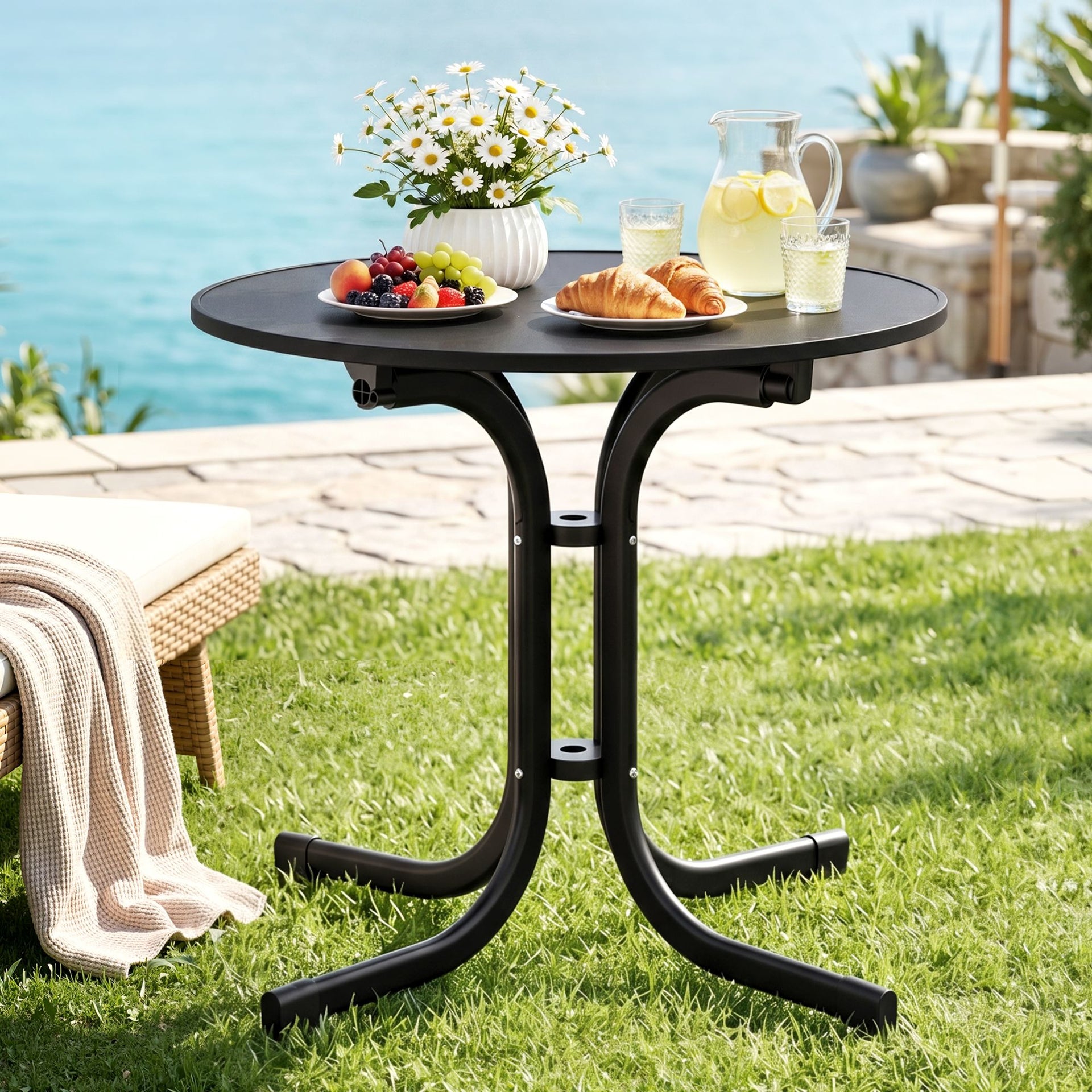 Gardeon Outdoor Side Table 80cm Folding Steel Round Bistro Desk Cafe Patio Furniture Black Awezingly