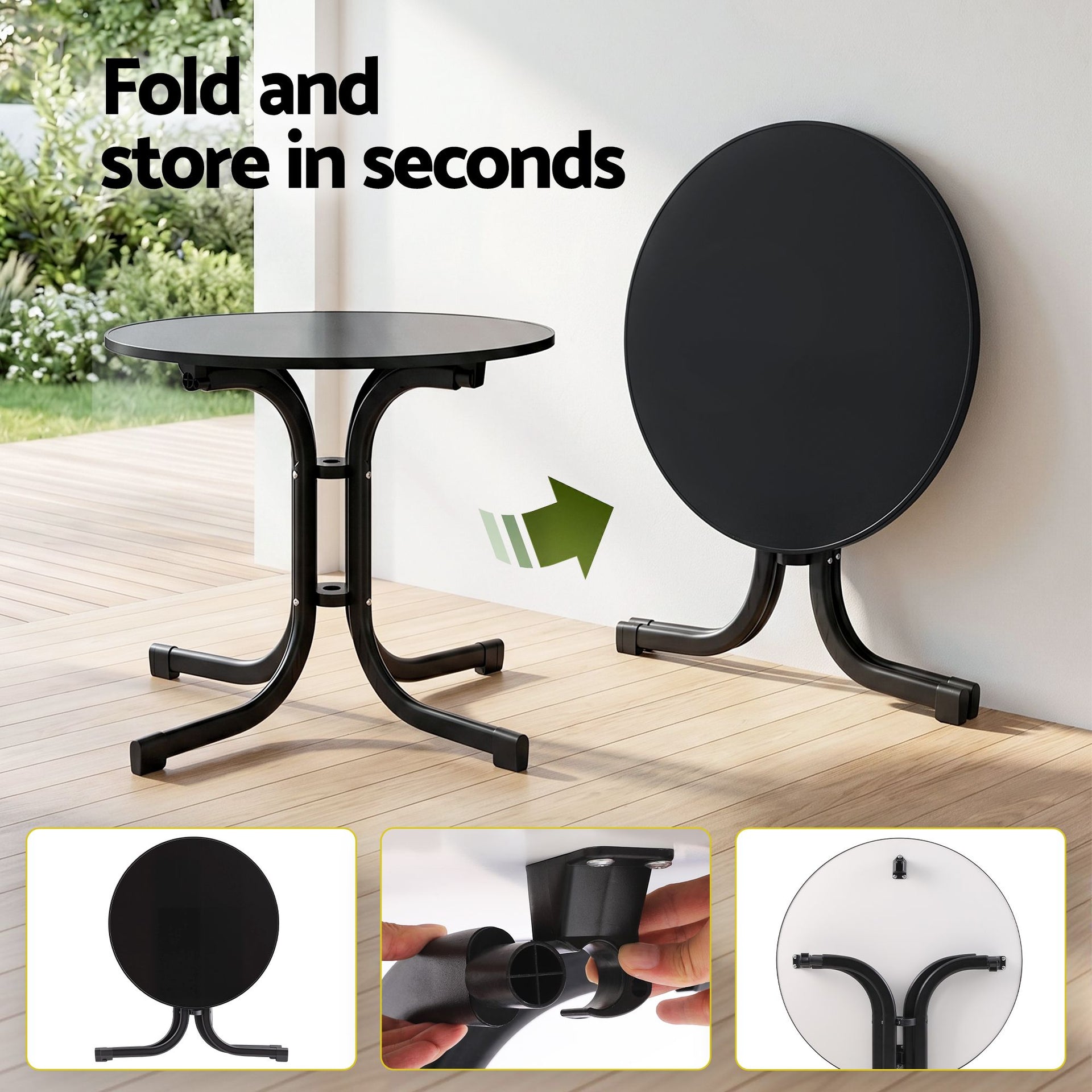 Gardeon Outdoor Side Table 80cm Folding Steel Round Bistro Desk Cafe Patio Furniture Black Awezingly