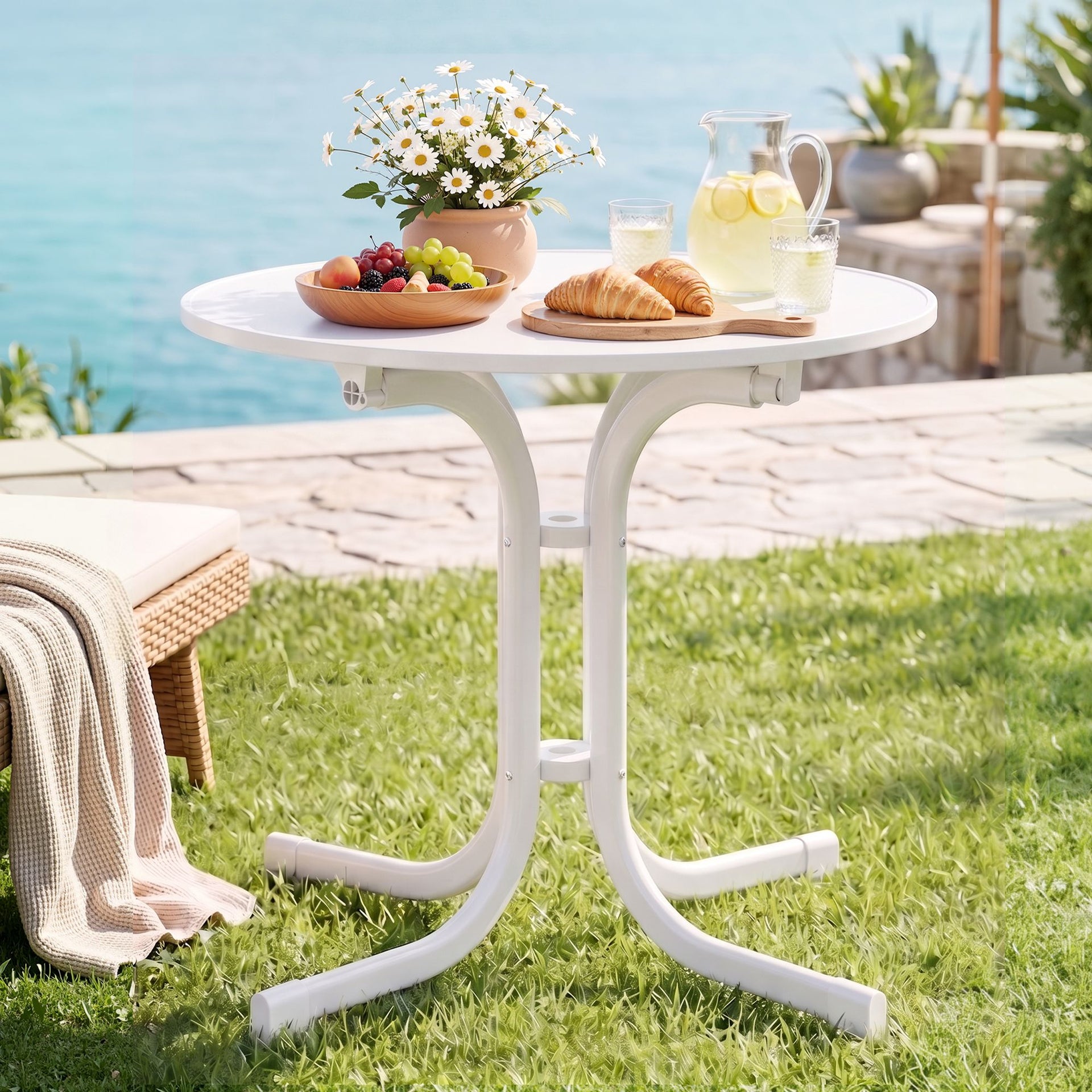 Gardeon Outdoor Side Table 80cm Folding Steel Round Bistro Desk Cafe Patio Furniture White Awezingly