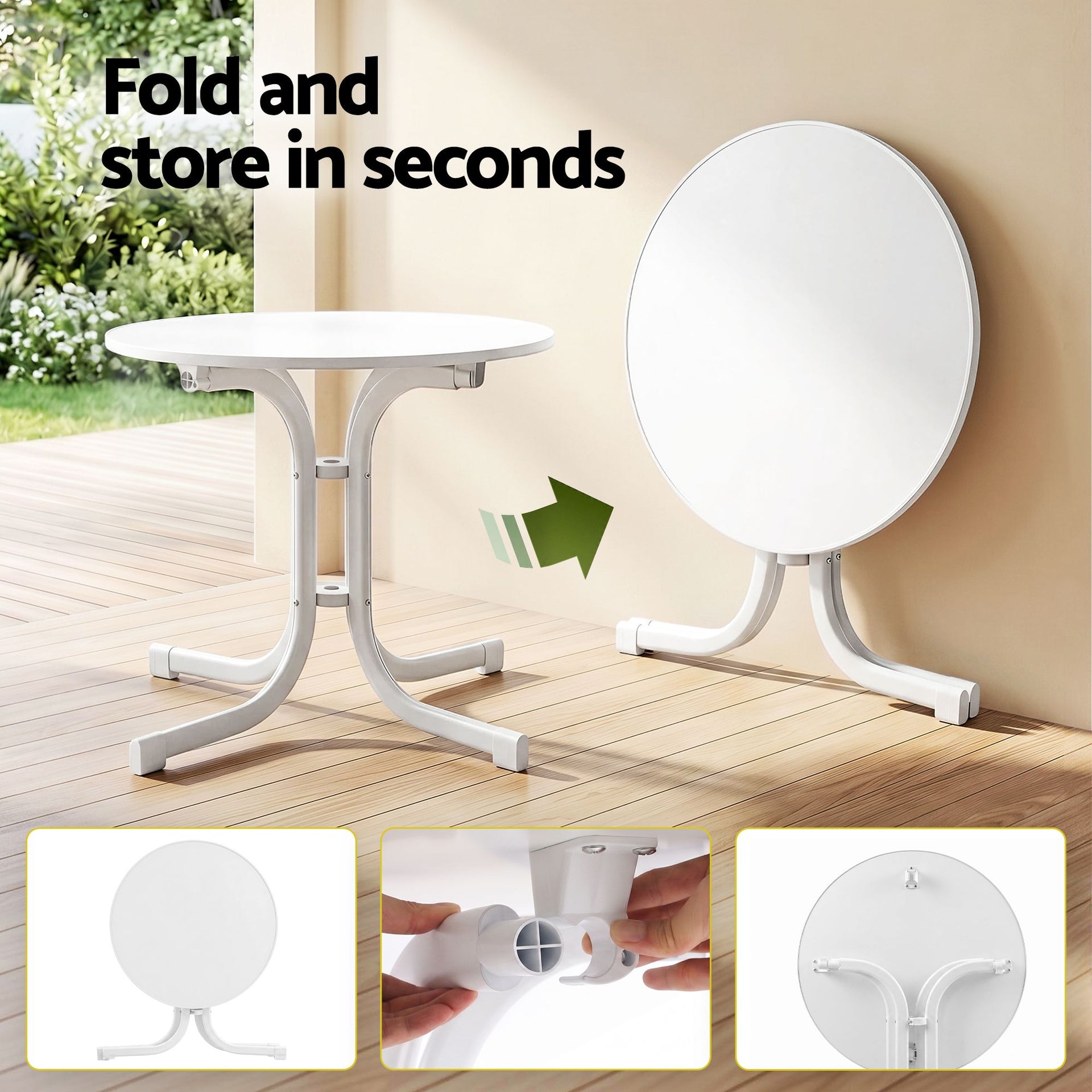 Gardeon Outdoor Side Table 80cm Folding Steel Round Bistro Desk Cafe Patio Furniture White Awezingly