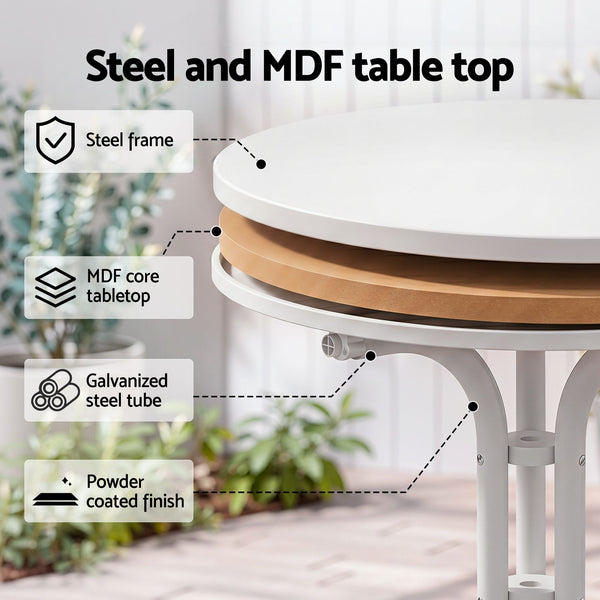 Gardeon Outdoor Side Table 80cm Folding Steel Round Bistro Desk Cafe Patio Furniture White Awezingly