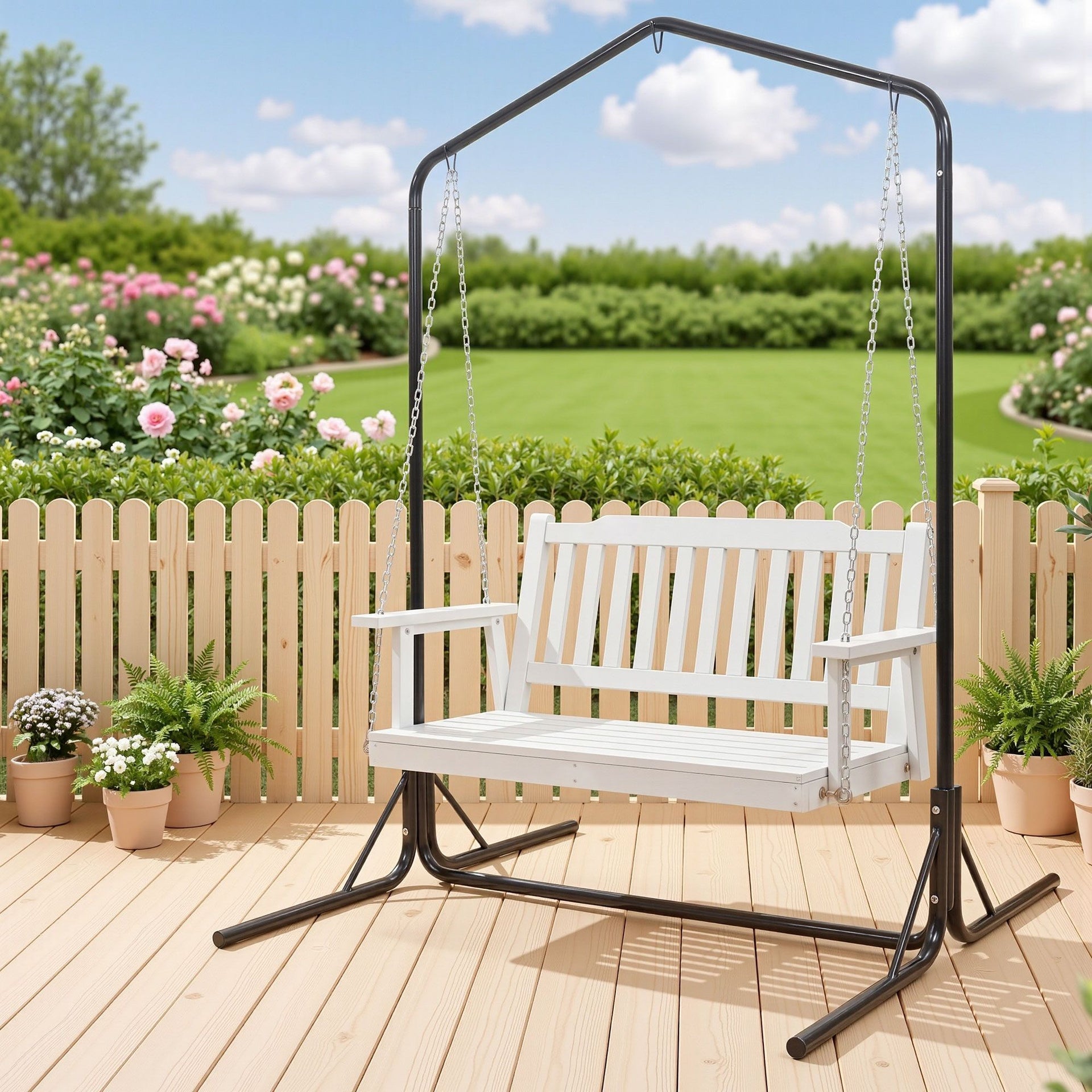 Gardeon Wooden 2-Seater Outdoor Swing Chair with Black Stand White Hanging Chair Awezingly