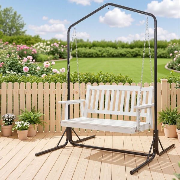 Gardeon Wooden 2-Seater Outdoor Swing Chair with Black Stand White Hanging Chair Awezingly