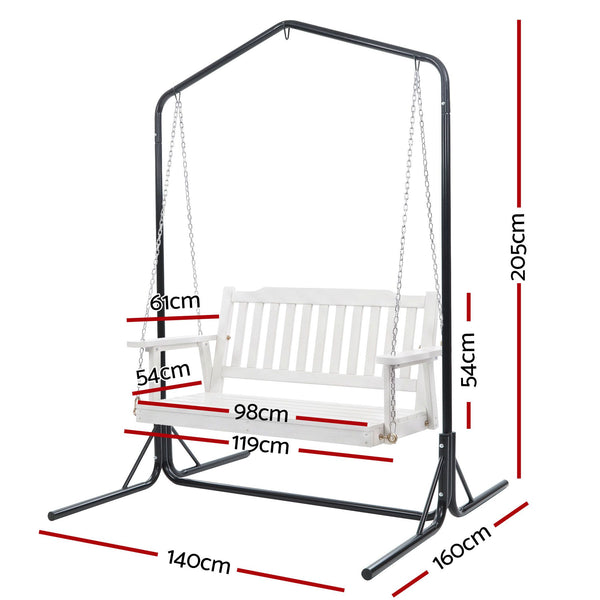 Gardeon Wooden 2-Seater Outdoor Swing Chair with Black Stand White Hanging Chair Awezingly