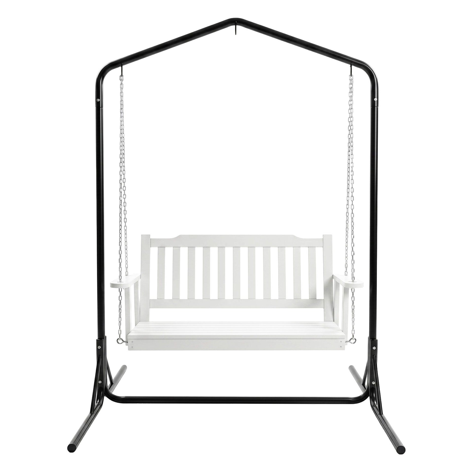 Gardeon Wooden 2-Seater Outdoor Swing Chair with Black Stand White Hanging Chair Awezingly