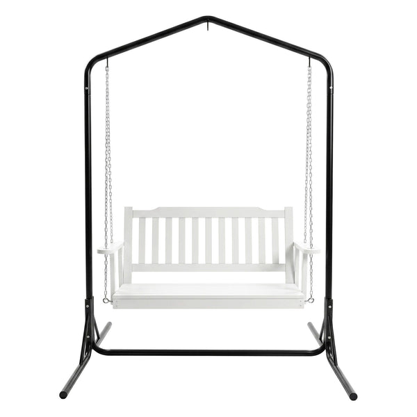 Gardeon Wooden 2-Seater Outdoor Swing Chair with Black Stand White Hanging Chair Awezingly