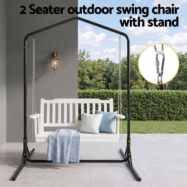 Gardeon Wooden 2-Seater Outdoor Swing Chair with Black Stand White Hanging Chair Awezingly