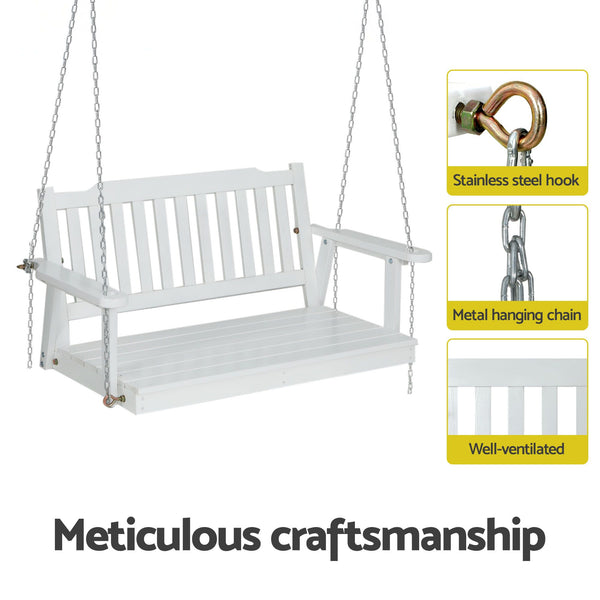 Gardeon Wooden 2-Seater Outdoor Swing Chair with Black Stand White Hanging Chair Awezingly