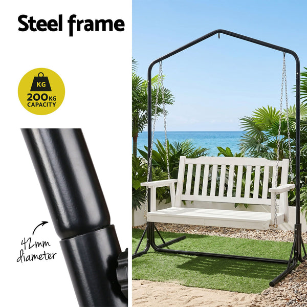 Gardeon Wooden 2-Seater Outdoor Swing Chair with Black Stand White Hanging Chair Awezingly