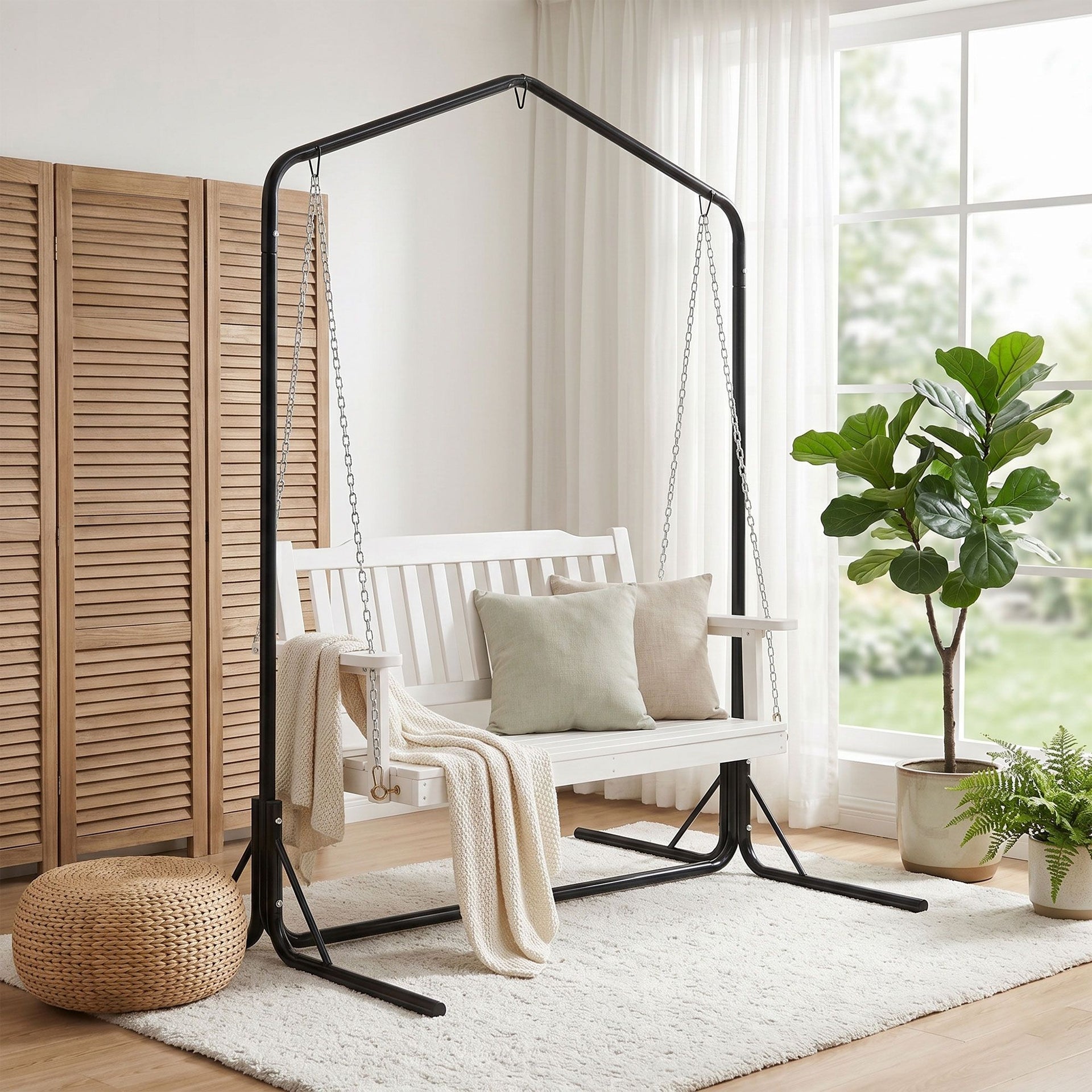 Gardeon Wooden 2-Seater Outdoor Swing Chair with Black Stand White Hanging Chair Awezingly