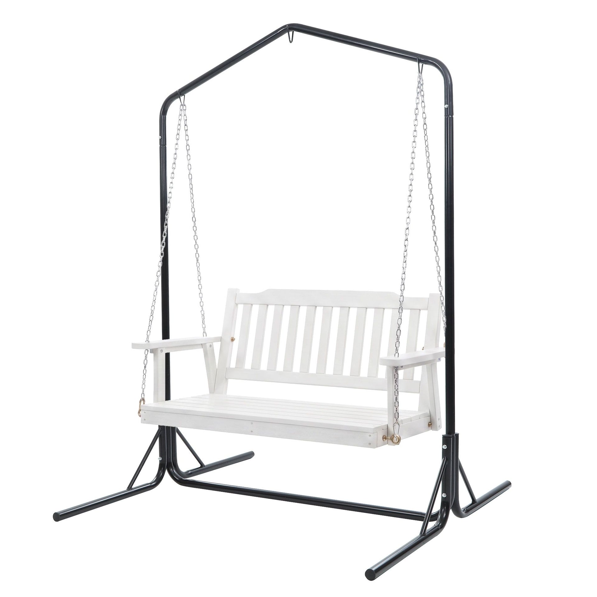 Gardeon Wooden 2-Seater Outdoor Swing Chair with Black Stand White Hanging Chair Awezingly