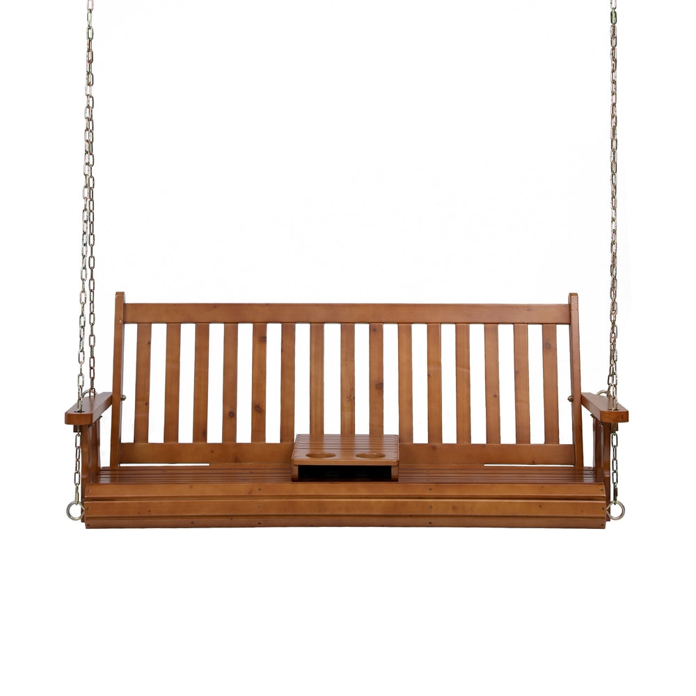 Gardeon Porch Outdoor Swing Chair Patio Furniture Wooden Bench 2 Seat Cup Holder Awezingly