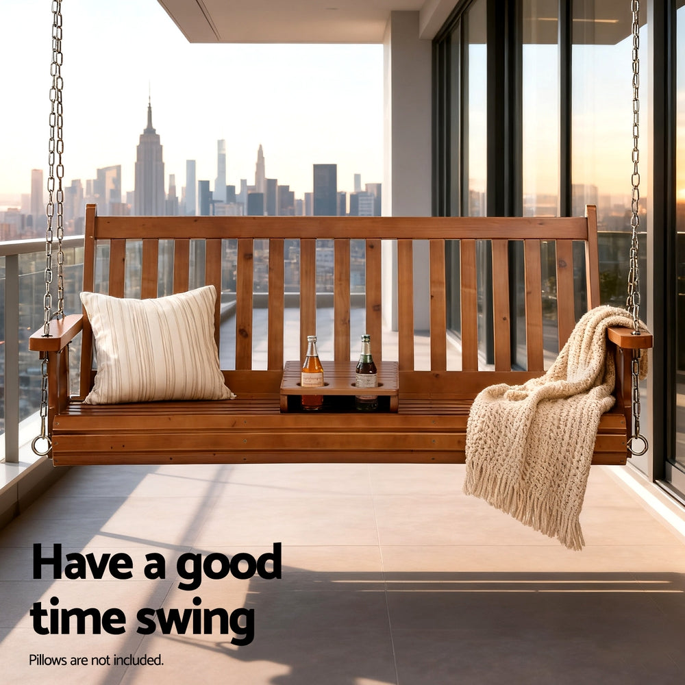 Gardeon Porch Outdoor Swing Chair Patio Furniture Wooden Bench 2 Seat Cup Holder Awezingly