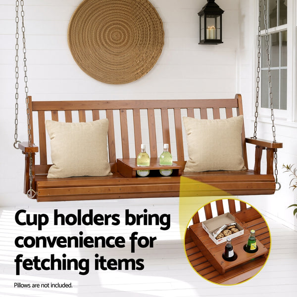 Gardeon Porch Outdoor Swing Chair Patio Furniture Wooden Bench 2 Seat Cup Holder Awezingly