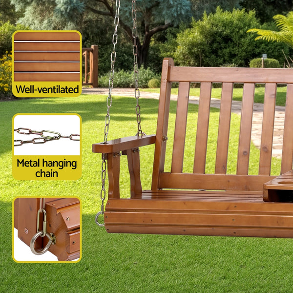 Gardeon Porch Outdoor Swing Chair Patio Furniture Wooden Bench 2 Seat Cup Holder Awezingly