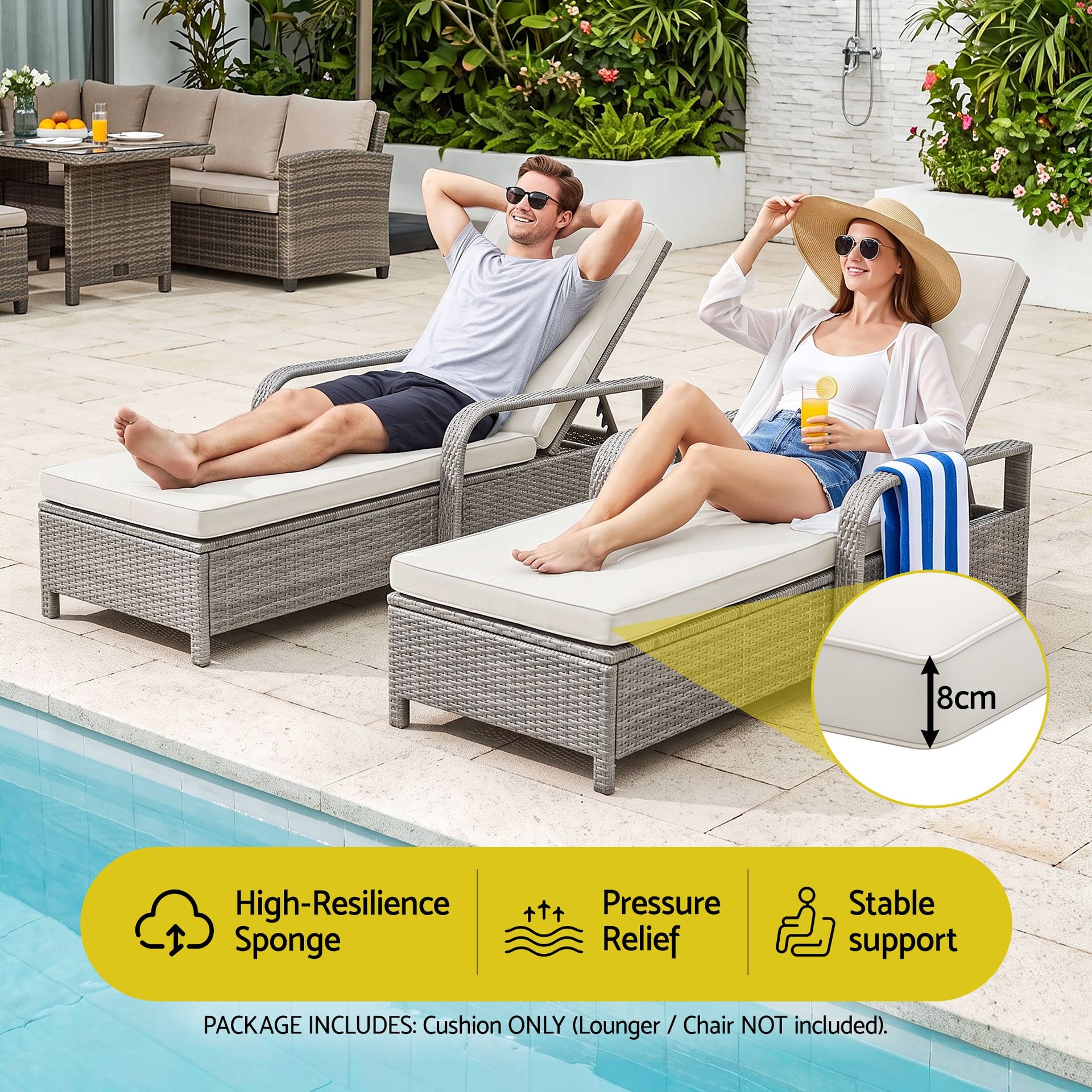 Gardeon Outdoor Chaise Lounge Cushion Lounge Chair Pad Sunbed Mattress Beige Awezingly