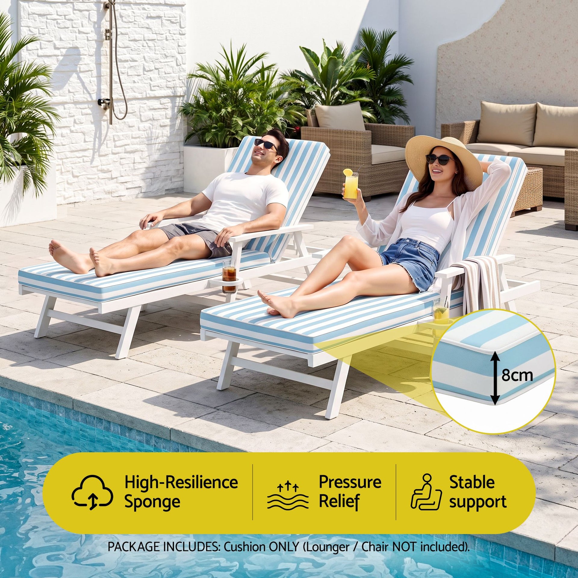 Gardeon Outdoor Chaise Lounge Cushion Lounge Chair Pad Sunbed Mattress Blue Awezingly