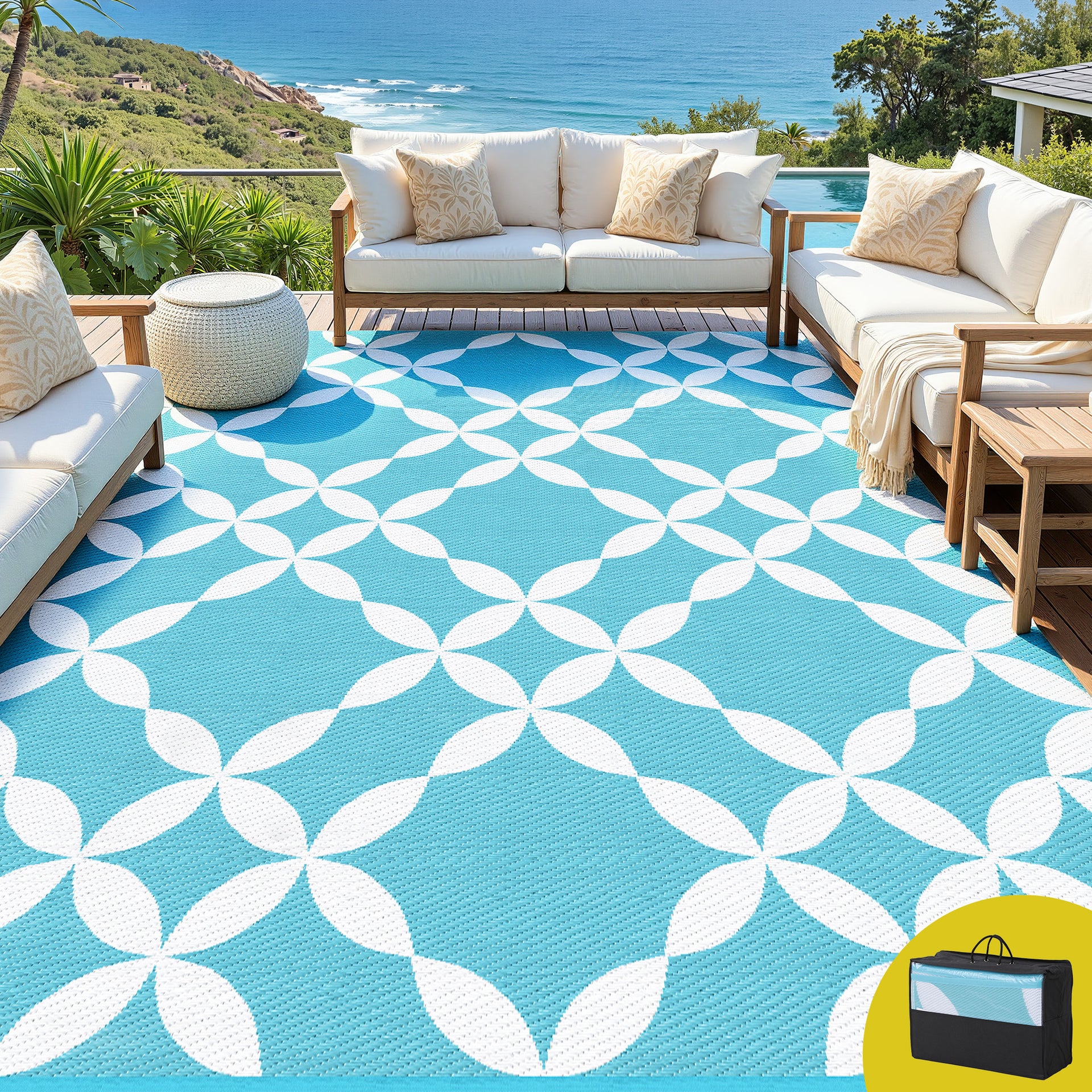 Gardeon Outdoor Rugs 274x366cm Large Carpet Reversible Area Mat PP Dual-Sided Patio Rug Light Blue Awezingly