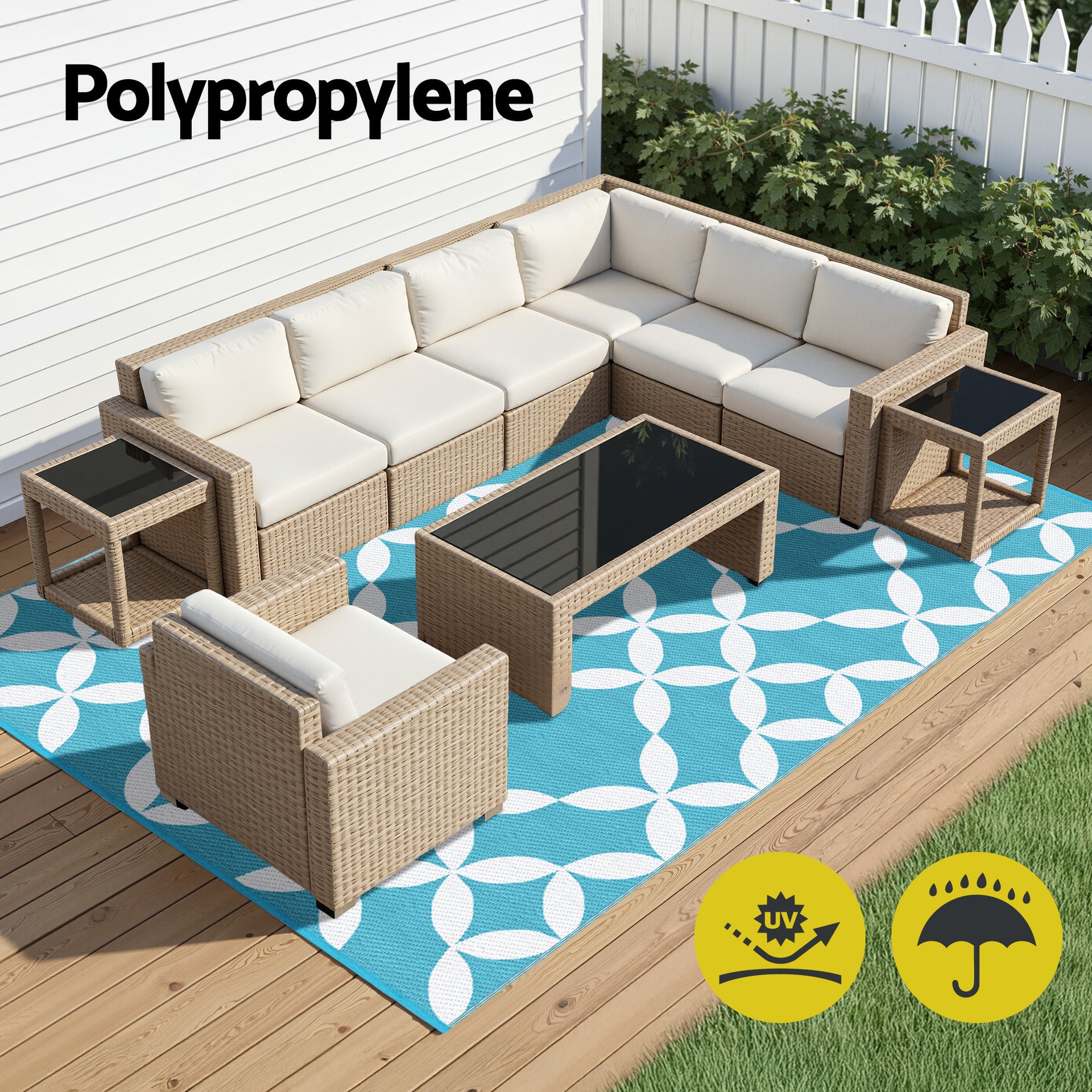 Gardeon Outdoor Rugs 274x366cm Large Carpet Reversible Area Mat PP Dual-Sided Patio Rug Light Blue Awezingly