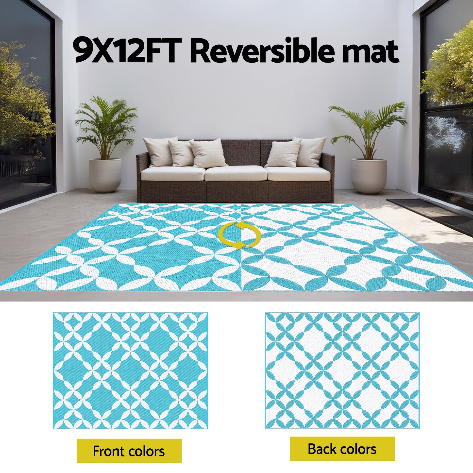 Gardeon Outdoor Rugs 274x366cm Large Carpet Reversible Area Mat PP Dual-Sided Patio Rug Light Blue Awezingly