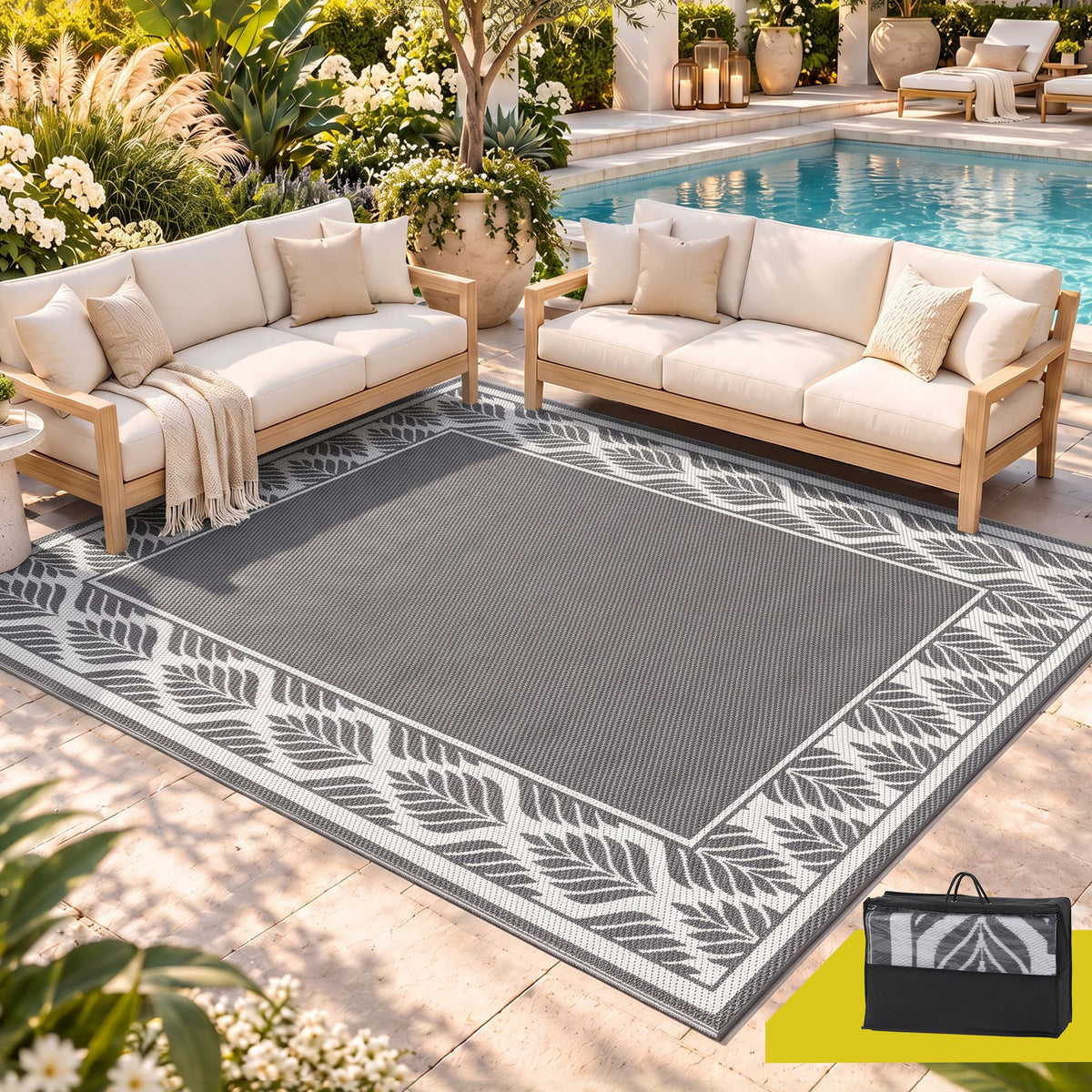 Gardeon Outdoor Rugs 274x366cm Large Carpet Reversible PP Dual-Sided Area Mat Patio Rug Grey Awezingly