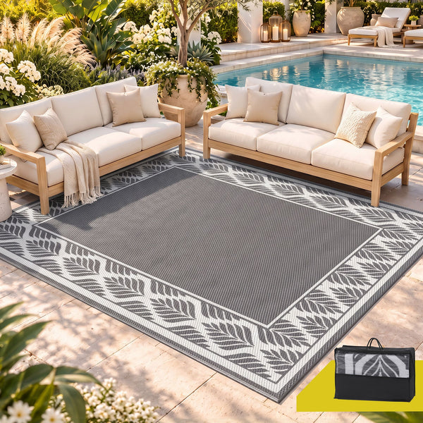 Gardeon Outdoor Rugs 274x366cm Large Carpet Reversible PP Dual-Sided Area Mat Patio Rug Grey Awezingly