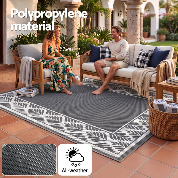 Gardeon Outdoor Rugs 274x366cm Large Carpet Reversible PP Dual-Sided Area Mat Patio Rug Grey Awezingly