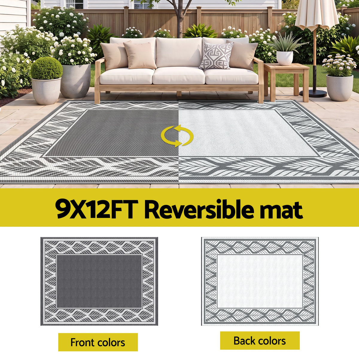 Gardeon Outdoor Rugs 274x366cm Large Carpet Reversible PP Dual-Sided Area Mat Patio Rug Grey Awezingly