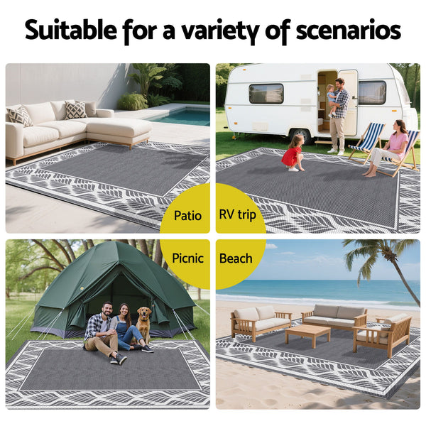 Gardeon Outdoor Rugs 274x366cm Large Carpet Reversible PP Dual-Sided Area Mat Patio Rug Grey Awezingly