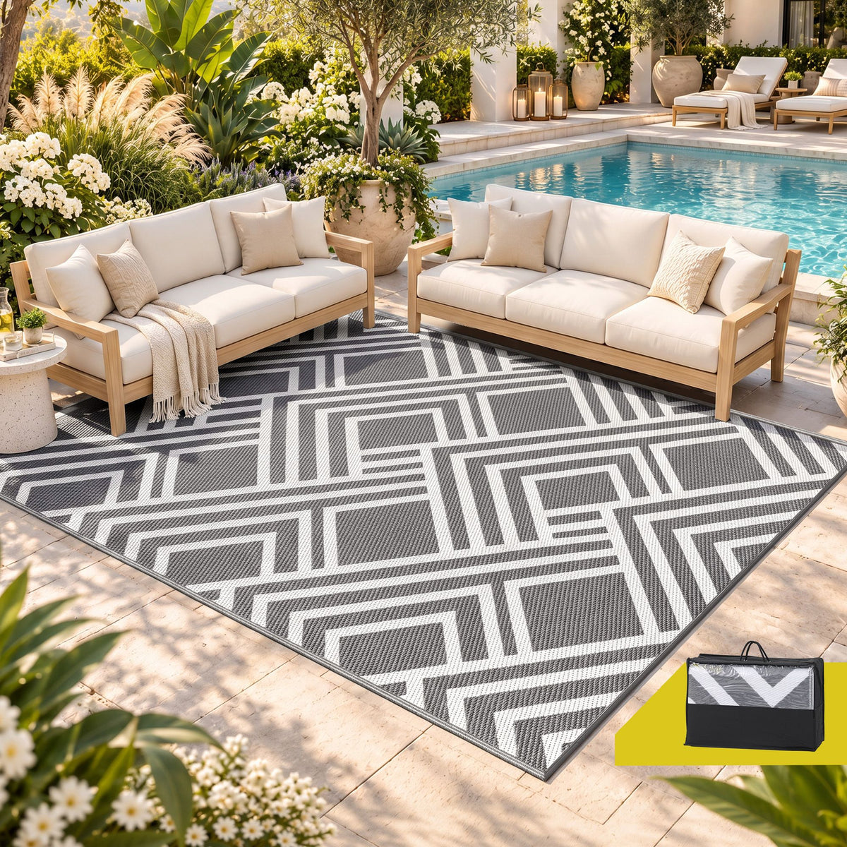 Gardeon Outdoor Rugs 274x366cm Reversible PP Dual-Sided Area Mat Large Carpet Patio Rug Grey Awezingly