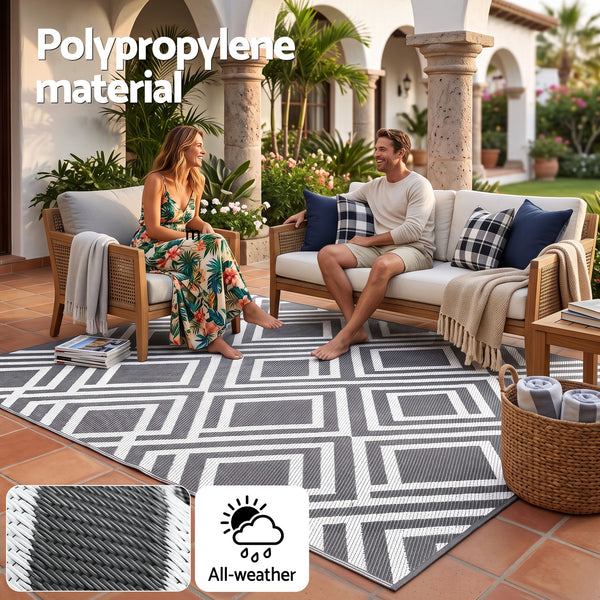 Gardeon Outdoor Rugs 274x366cm Reversible PP Dual-Sided Area Mat Large Carpet Patio Rug Grey Awezingly