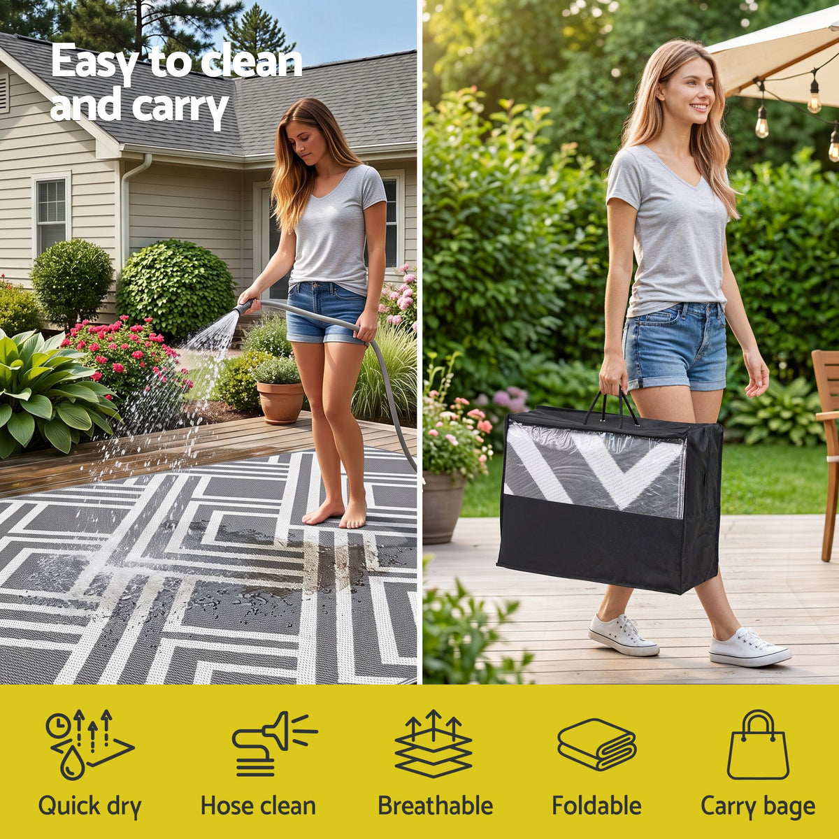 Gardeon Outdoor Rugs 274x366cm Reversible PP Dual-Sided Area Mat Large Carpet Patio Rug Grey Awezingly