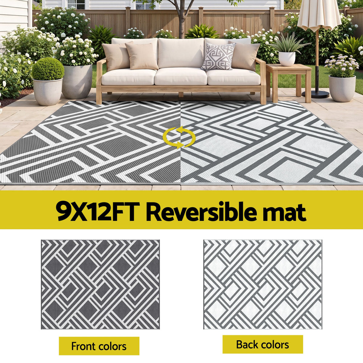 Gardeon Outdoor Rugs 274x366cm Reversible PP Dual-Sided Area Mat Large Carpet Patio Rug Grey Awezingly