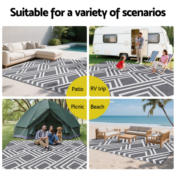 Gardeon Outdoor Rugs 274x366cm Reversible PP Dual-Sided Area Mat Large Carpet Patio Rug Grey Awezingly