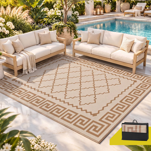 Gardeon Outdoor Rugs 274x366cm Large Carpet Reversible PP Dual-Sided Area Mat Patio Rug Khaki Awezingly