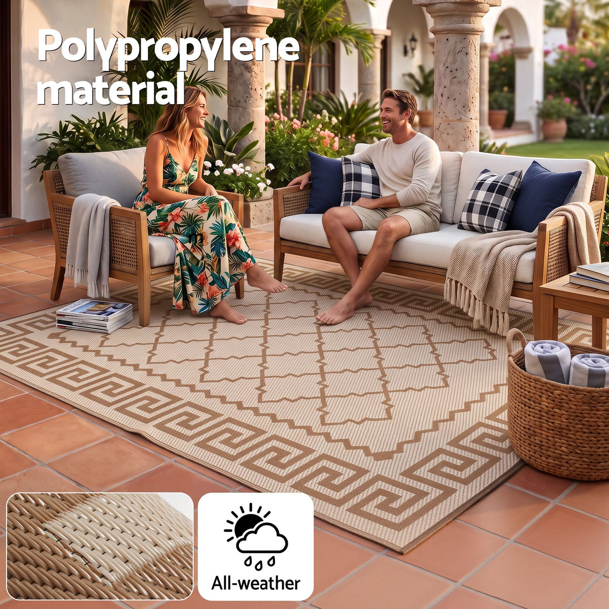 Gardeon Outdoor Rugs 274x366cm Large Carpet Reversible PP Dual-Sided Area Mat Patio Rug Khaki Awezingly