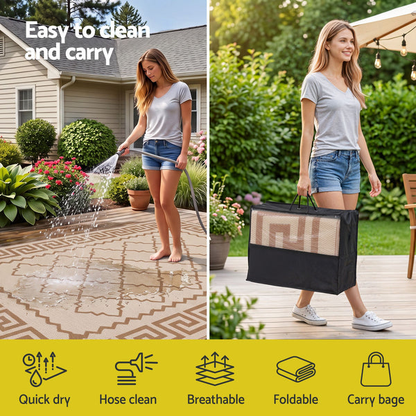 Gardeon Outdoor Rugs 274x366cm Large Carpet Reversible PP Dual-Sided Area Mat Patio Rug Khaki Awezingly