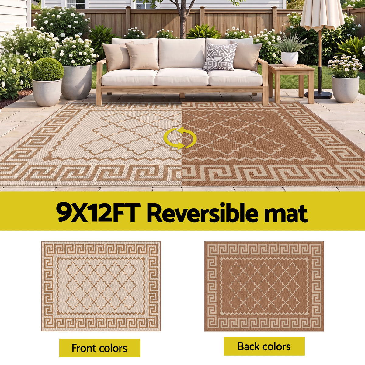 Gardeon Outdoor Rugs 274x366cm Large Carpet Reversible PP Dual-Sided Area Mat Patio Rug Khaki Awezingly