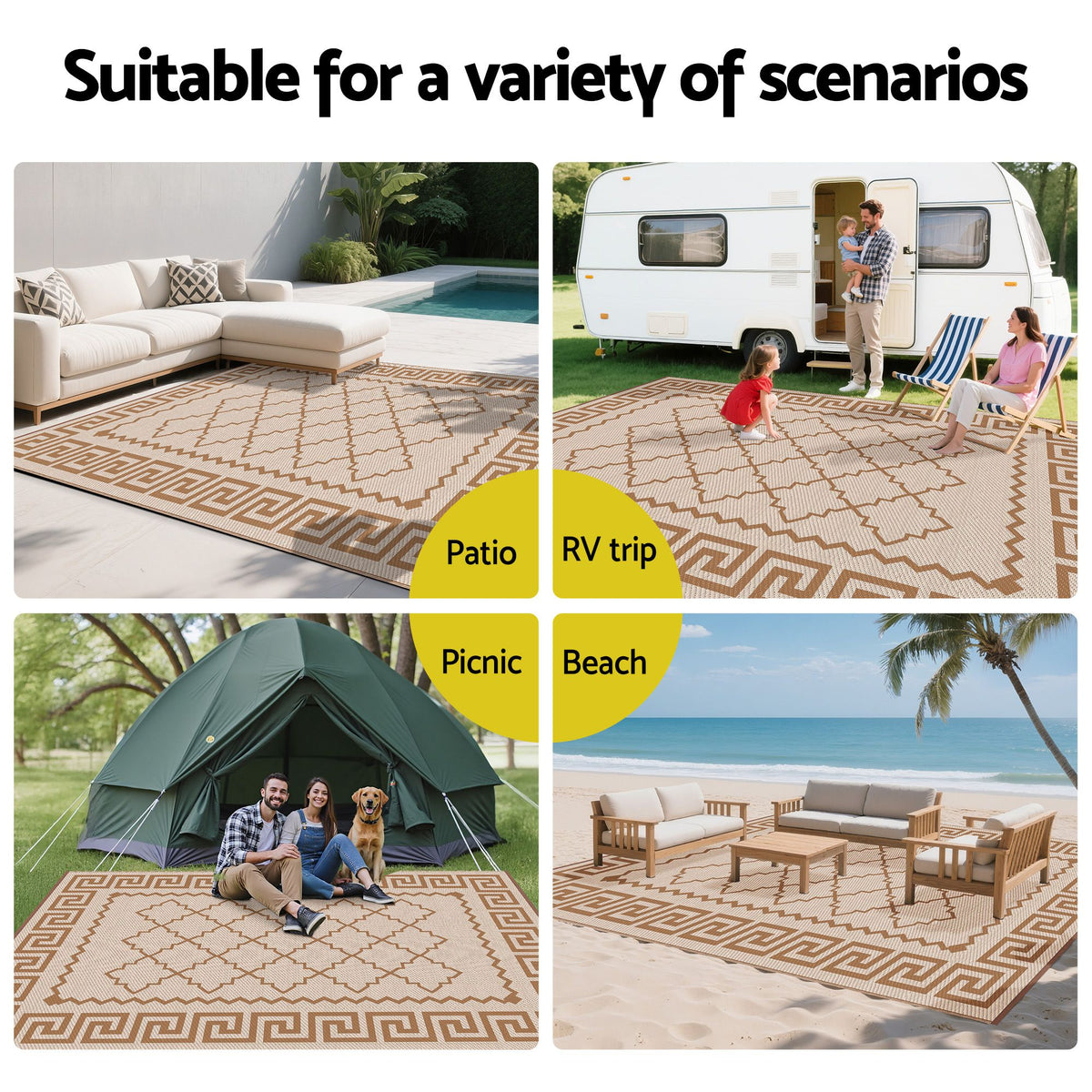 Gardeon Outdoor Rugs 274x366cm Large Carpet Reversible PP Dual-Sided Area Mat Patio Rug Khaki Awezingly