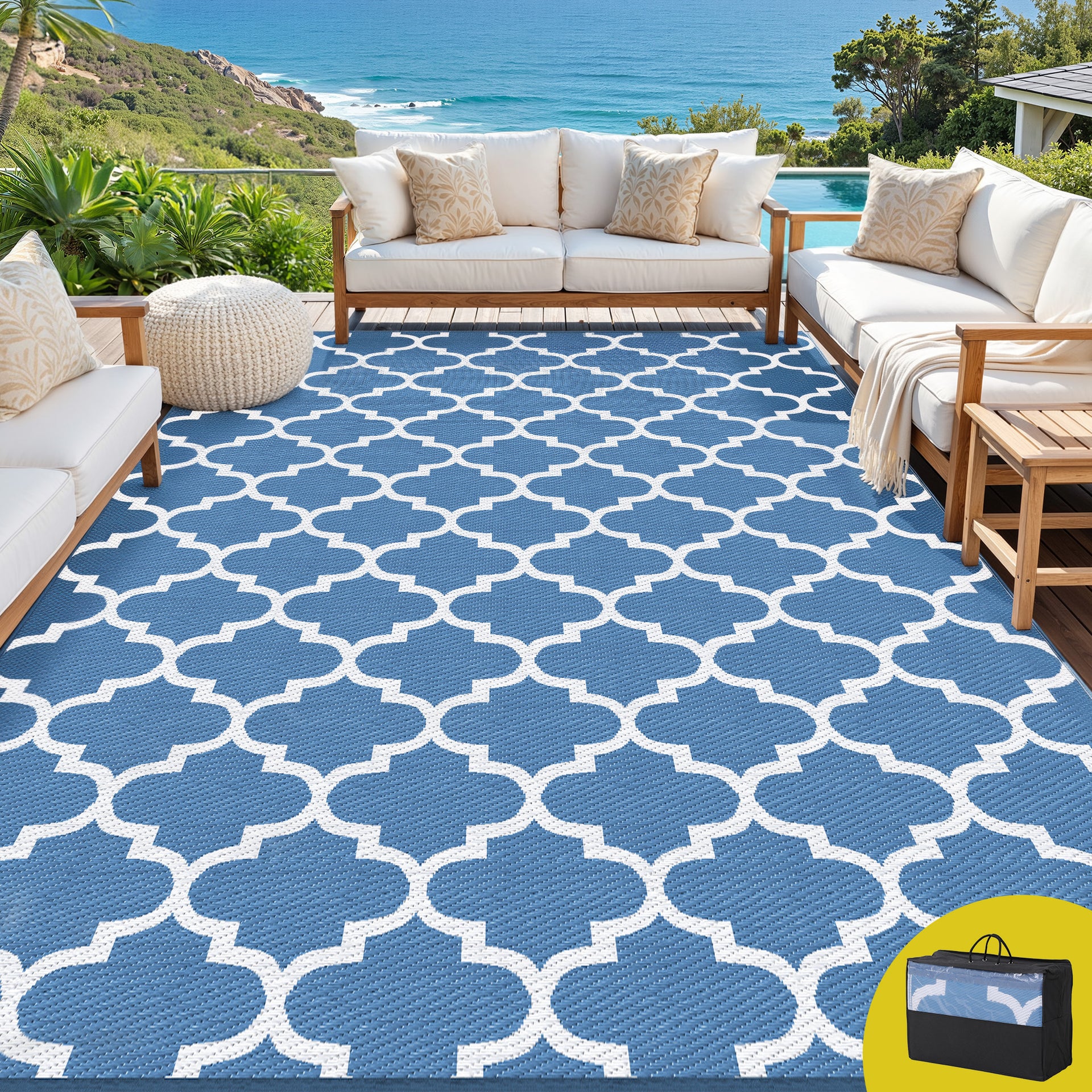 Gardeon Outdoor Rugs 274x366cm Large Carpet Reversible Area Mat PP Dual-Sided Patio Rug Blue Awezingly
