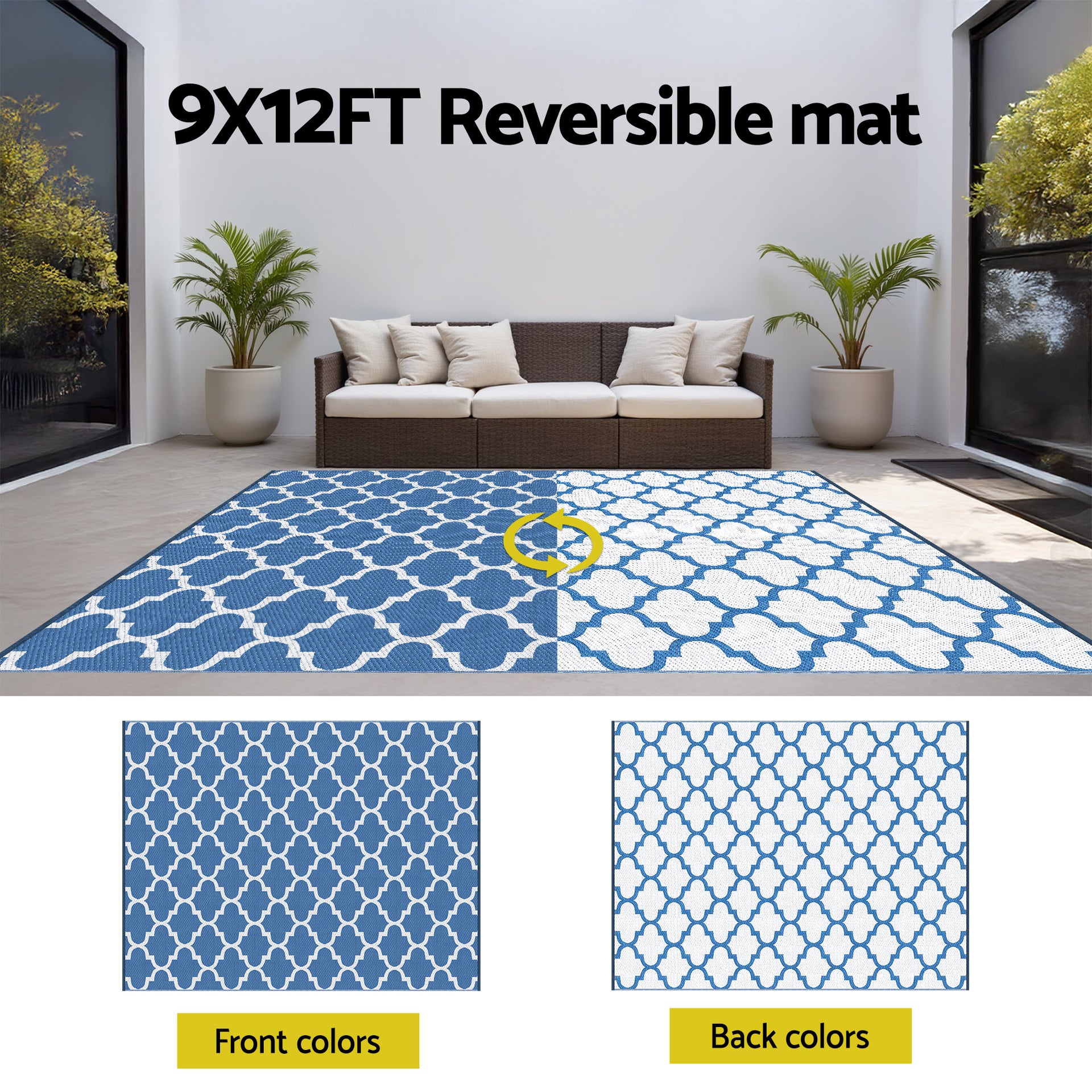 Gardeon Outdoor Rugs 274x366cm Large Carpet Reversible Area Mat PP Dual-Sided Patio Rug Blue Awezingly