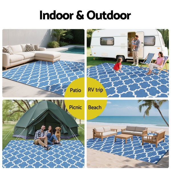 Gardeon Outdoor Rugs 274x366cm Large Carpet Reversible Area Mat PP Dual-Sided Patio Rug Blue Awezingly