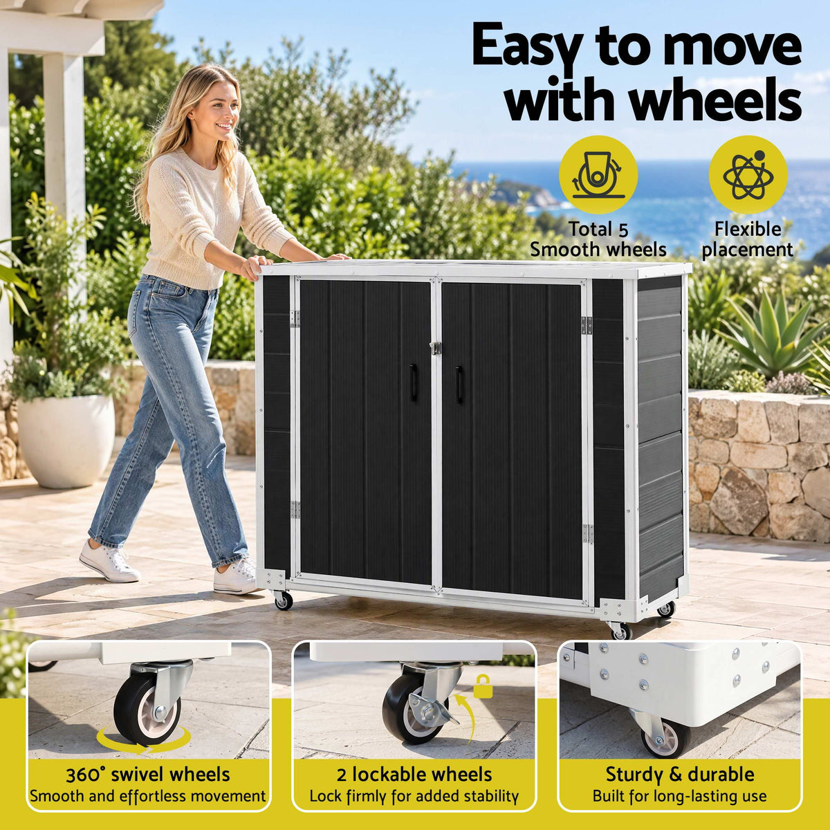 Gardeon Outdoor Storage Box 1164L Garden Shed 5 Wheels Lockable Cabinet Tool Organizer Dark Grey Awezingly