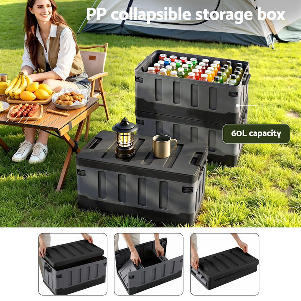 Gardeon Collapsible Outdoor Storage Box 60L Stackable Folding Camping Organizer Black Gardeon