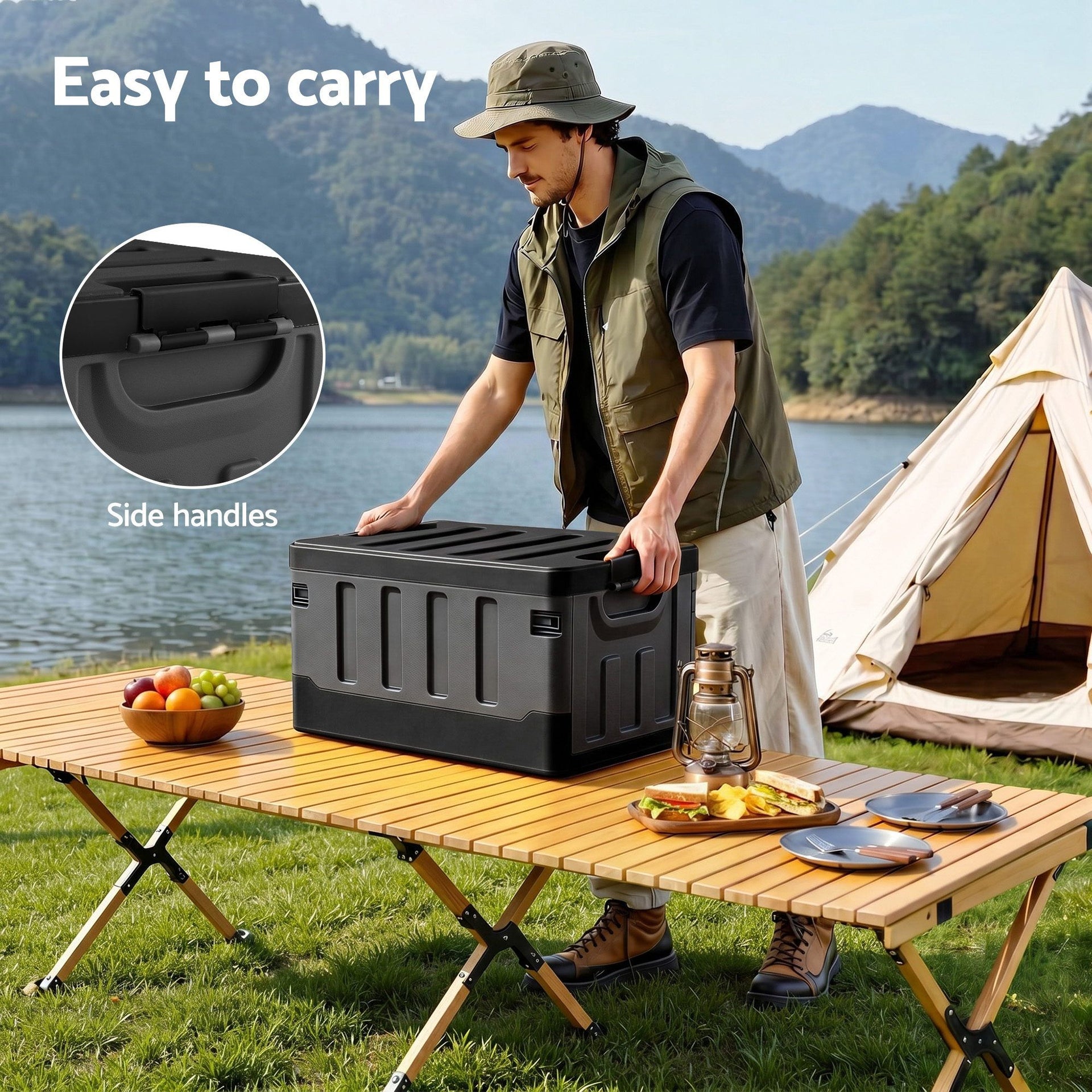 Gardeon Collapsible Outdoor Storage Box 60L Stackable Folding Camping Organizer Black Gardeon