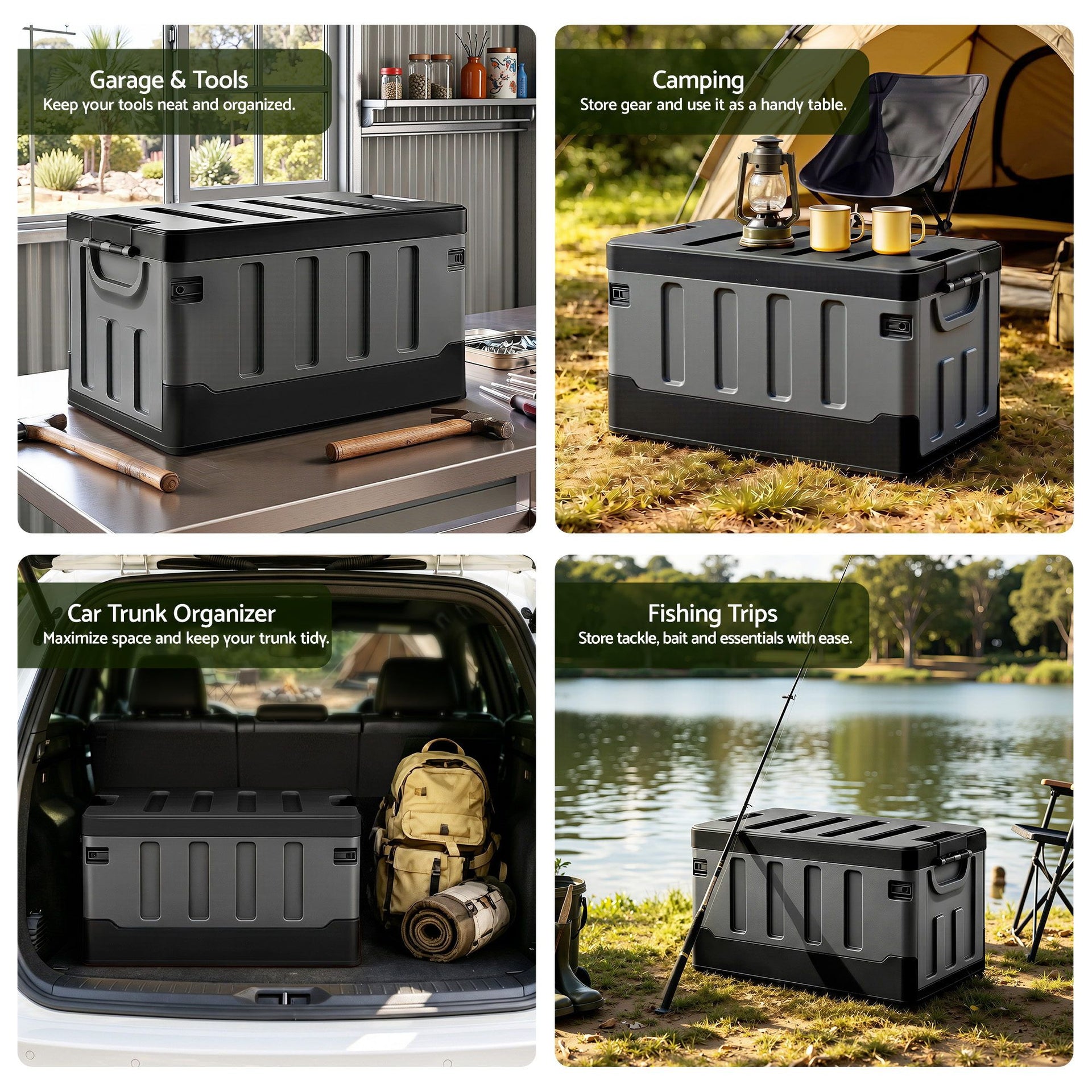 Gardeon Collapsible Outdoor Storage Box 60L Stackable Folding Camping Organizer Black Gardeon