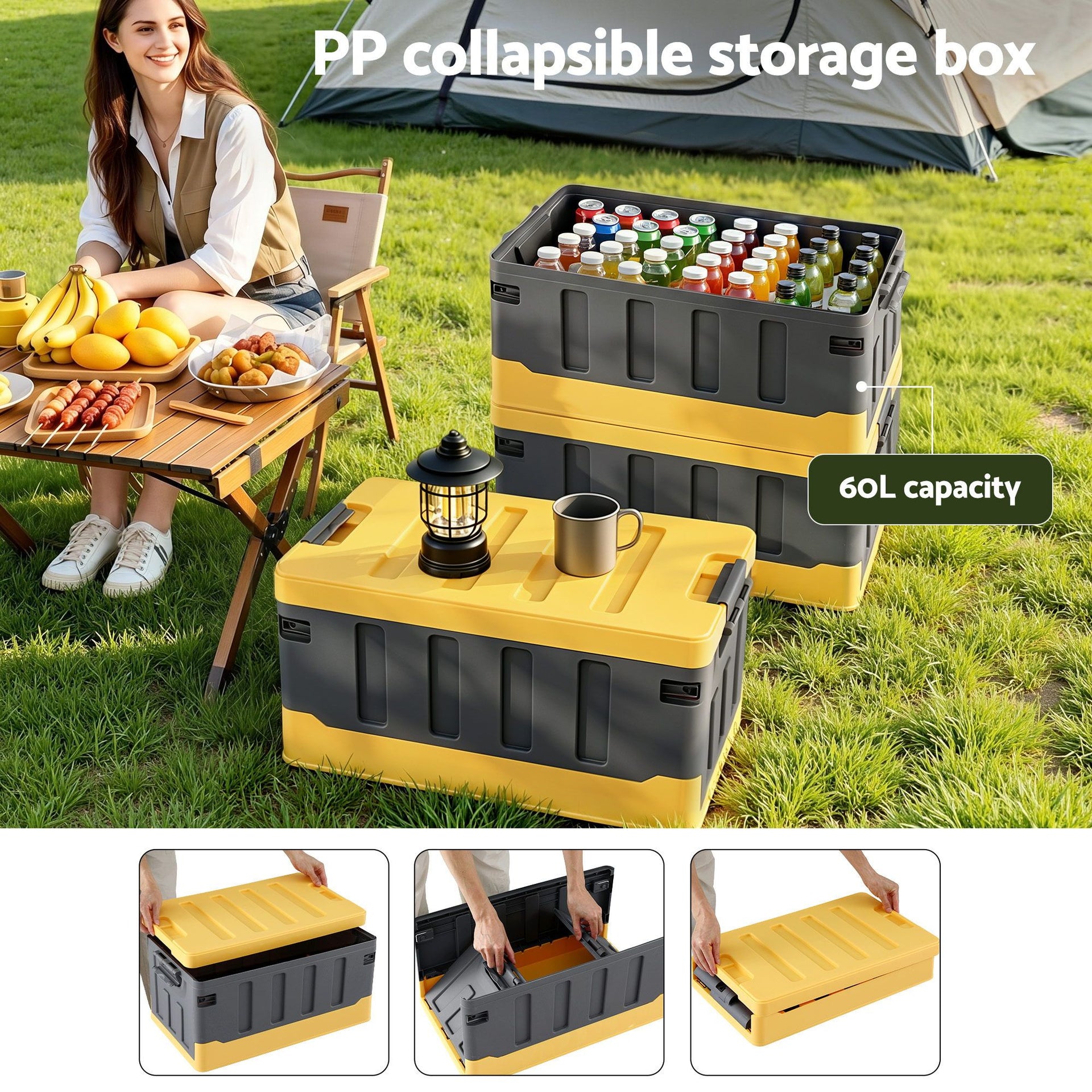 Gardeon Collapsible Outdoor Storage Box 60L Stackable Folding Camping Organizer Yellow Gardeon