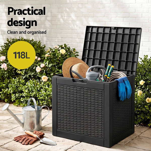 Gardeon Outdoor Storage Box 118L Container Lockable Garden Toy Tool Rattan-Texture Black Awezingly