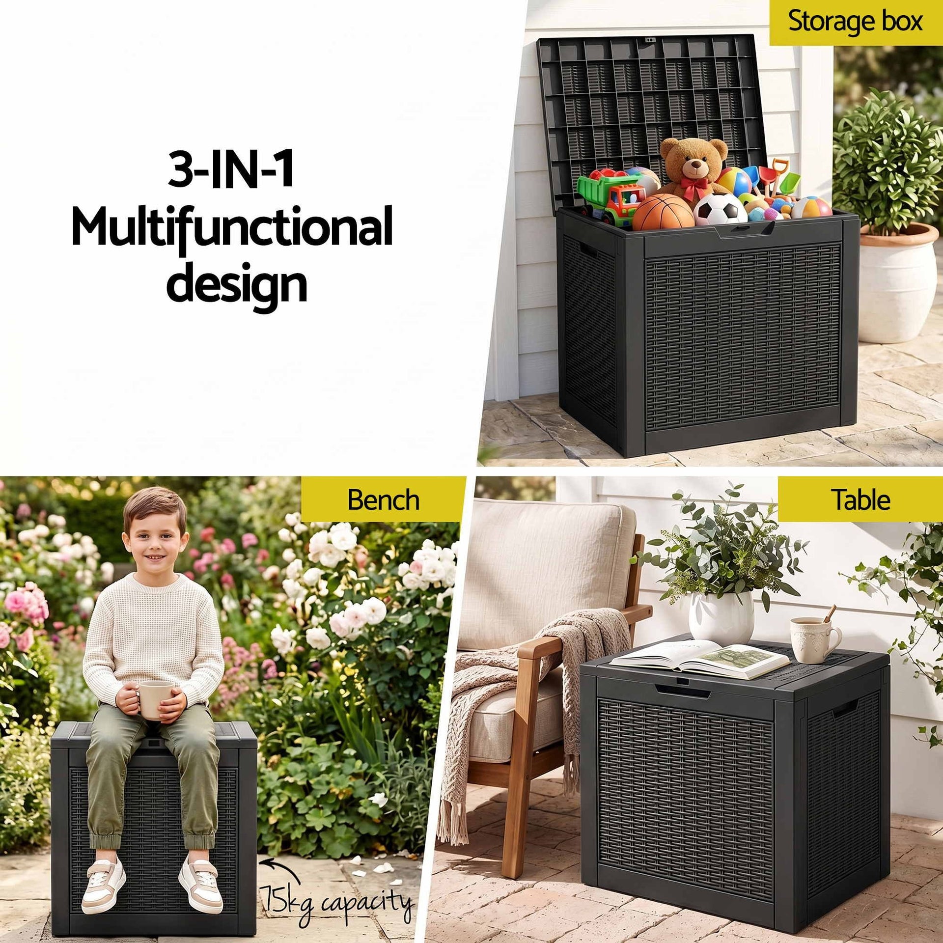 Gardeon Outdoor Storage Box 118L Container Lockable Garden Toy Tool Rattan-Texture Black Awezingly